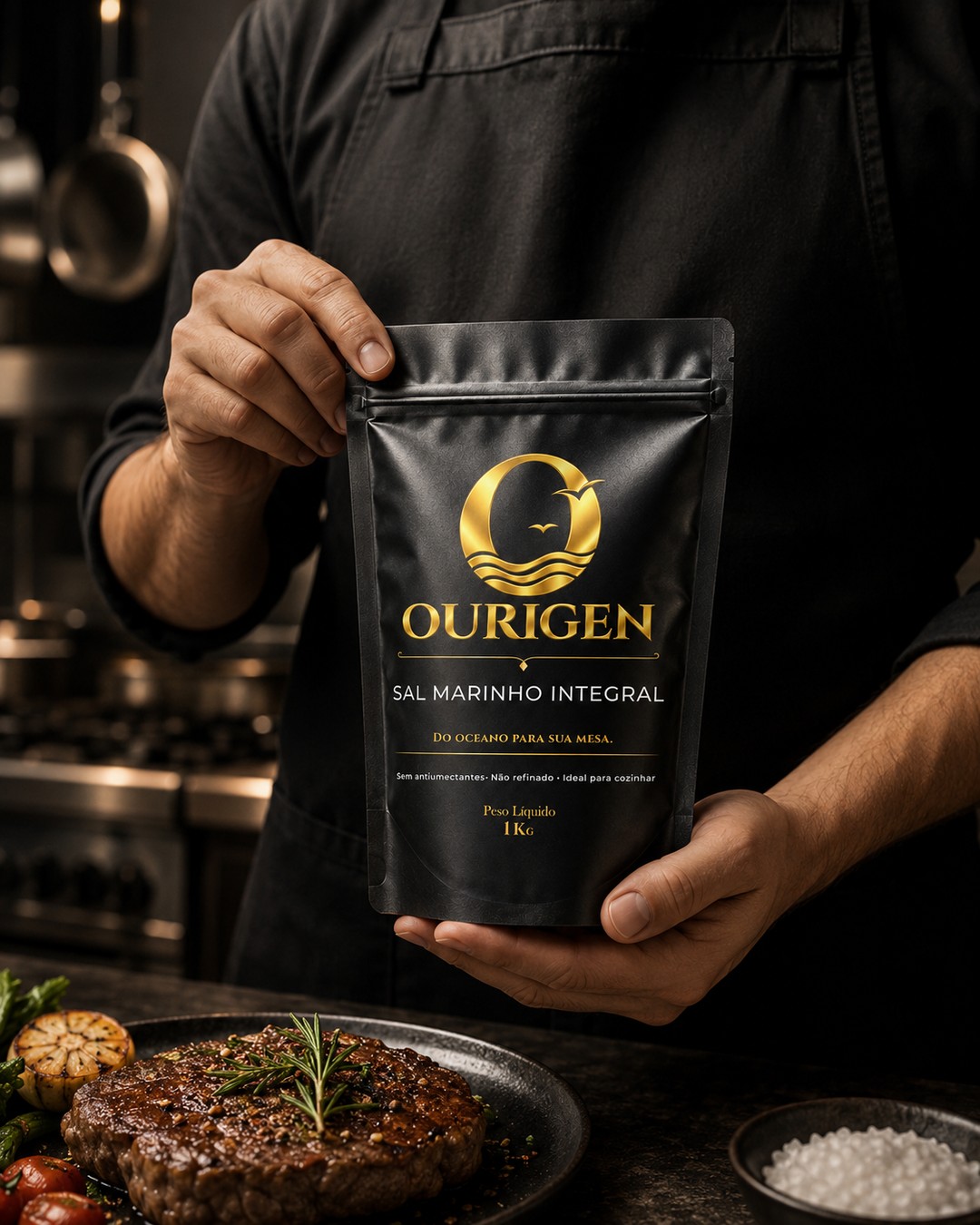 Preparo de um prato com sal Ourigen numa cozinha profissional