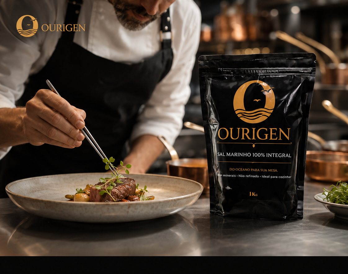 Preparo de um prato com sal Ourigen numa cozinha profissional
