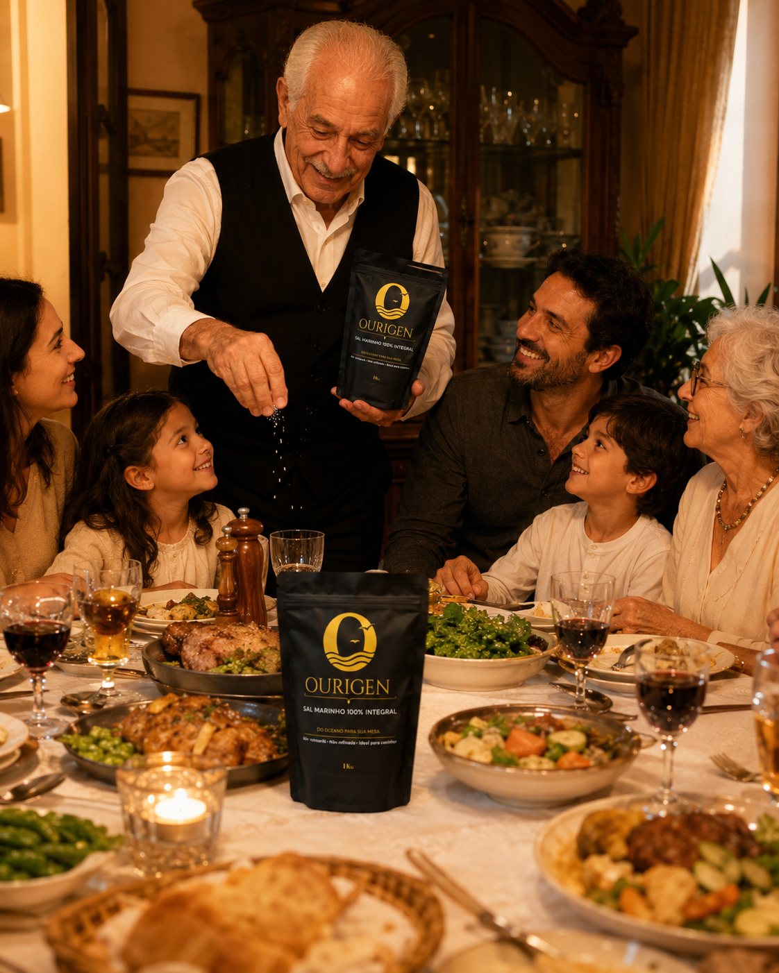 Família reunida à mesa, avô temperando o prato com Ourigen
