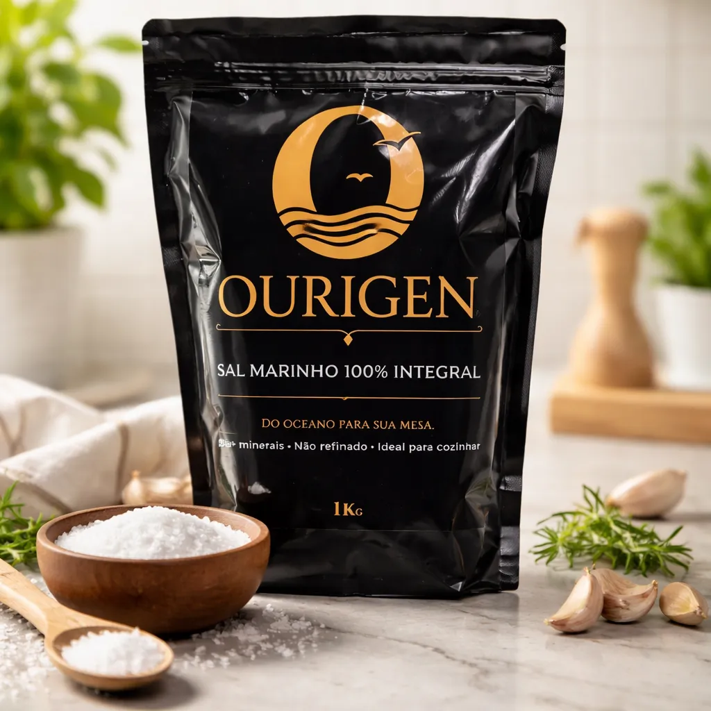 Ourigen Sal Marinho Integral na bancada da cozinha